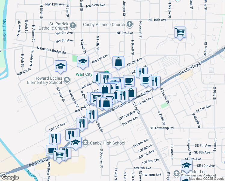 map of restaurants, bars, coffee shops, grocery stores, and more near 200 Northwest 2nd Avenue in Canby