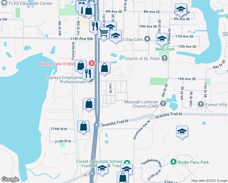map of restaurants, bars, coffee shops, grocery stores, and more near 117 Lee Street in Forest Lake
