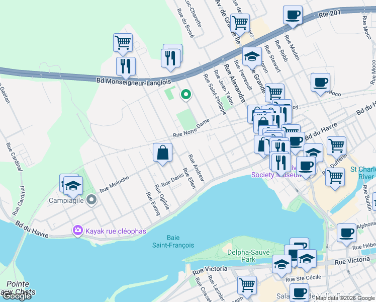 map of restaurants, bars, coffee shops, grocery stores, and more near 77 Rue Andrew in Salaberry-de-Valleyfield