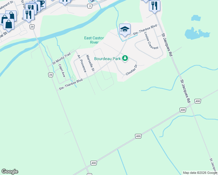 map of restaurants, bars, coffee shops, grocery stores, and more near 1055 Chablis Crescent in Embrun