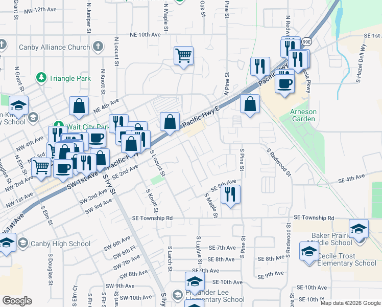 map of restaurants, bars, coffee shops, grocery stores, and more near 620 Southeast 2nd Avenue in Canby