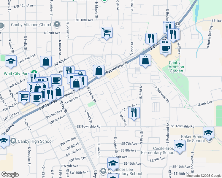 map of restaurants, bars, coffee shops, grocery stores, and more near 620 Southeast 2nd Avenue in Canby