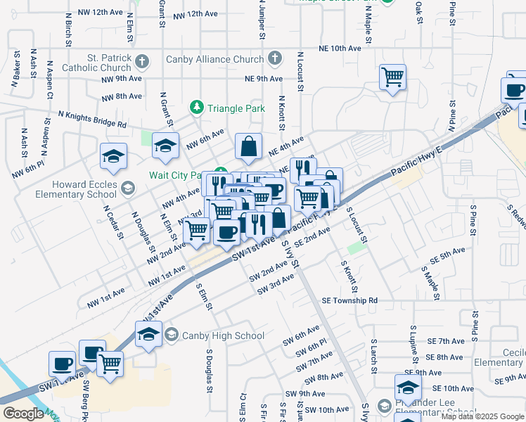 map of restaurants, bars, coffee shops, grocery stores, and more near in Canby