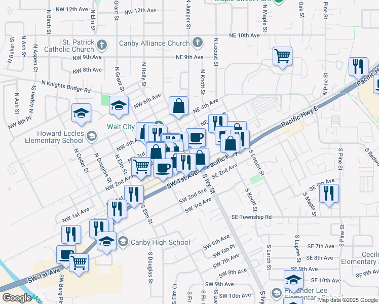 map of restaurants, bars, coffee shops, grocery stores, and more near in Canby