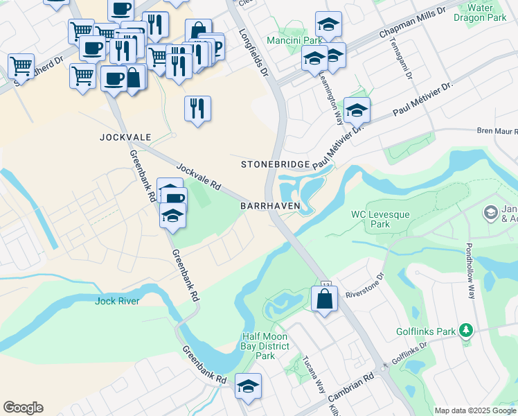 map of restaurants, bars, coffee shops, grocery stores, and more near 3622 Jockvale Road in Ottawa