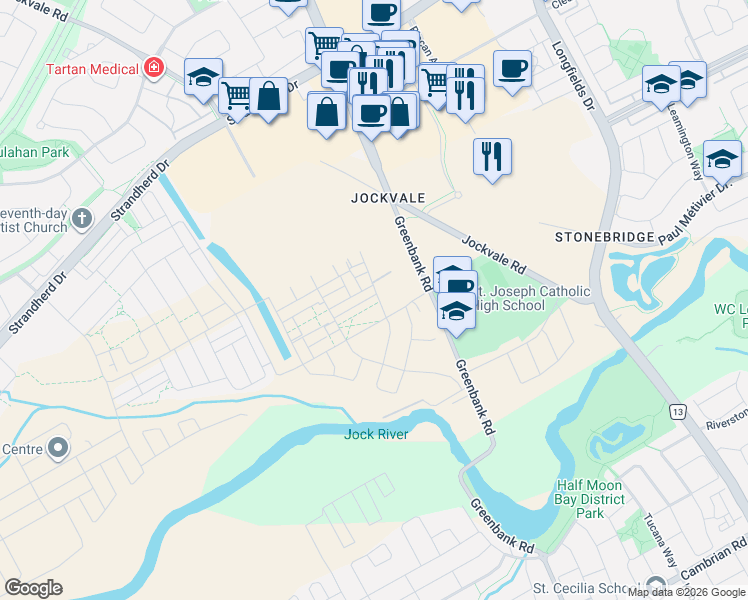map of restaurants, bars, coffee shops, grocery stores, and more near 120 Kyanite Lane in Ottawa
