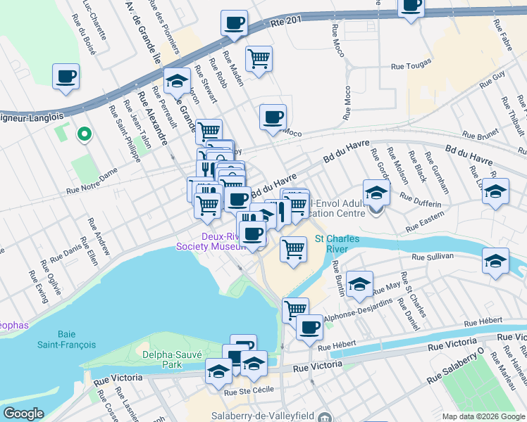 map of restaurants, bars, coffee shops, grocery stores, and more near 40 Rue Gault in Salaberry-de-Valleyfield