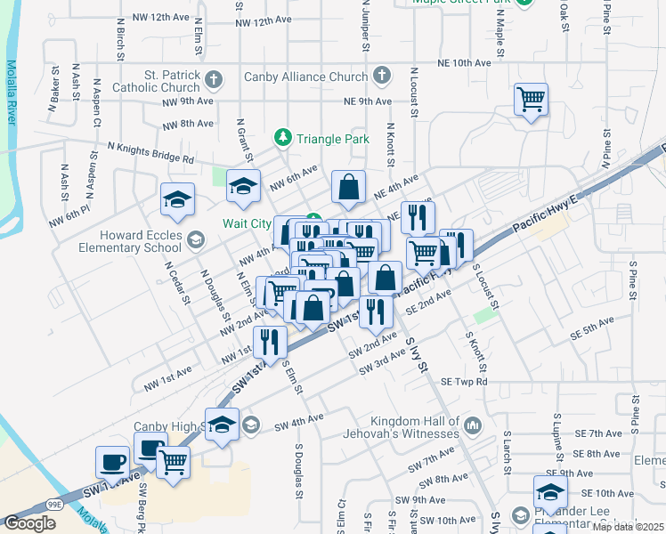 map of restaurants, bars, coffee shops, grocery stores, and more near 200 Northwest 2nd Avenue in Canby