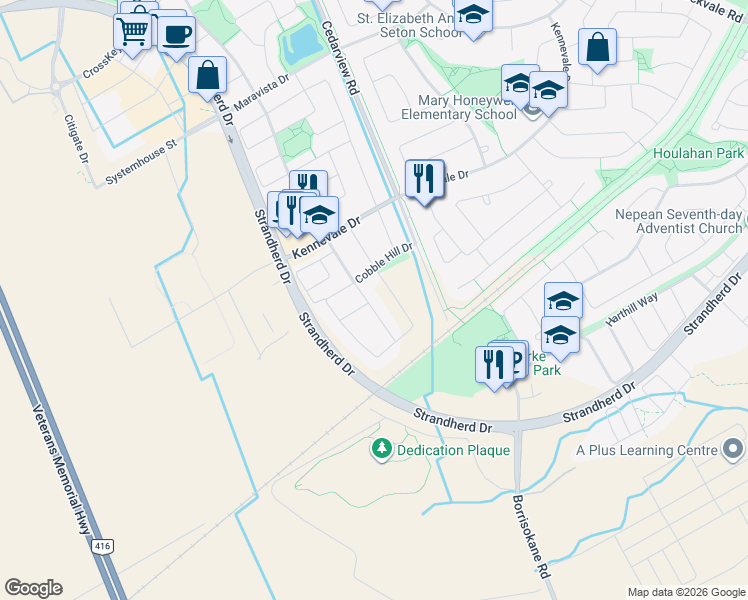 map of restaurants, bars, coffee shops, grocery stores, and more near 584 Anjana Circle in Ottawa