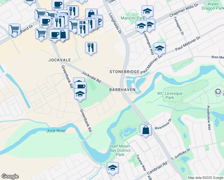 map of restaurants, bars, coffee shops, grocery stores, and more near 3666 Jockvale Road in Ottawa