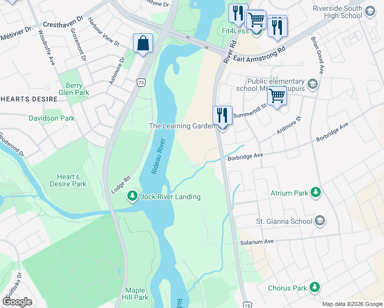 map of restaurants, bars, coffee shops, grocery stores, and more near 720 River Road in Ottawa