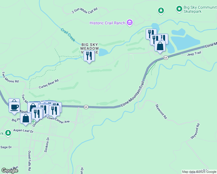 map of restaurants, bars, coffee shops, grocery stores, and more near 108 Yellowtail Road in Big Sky
