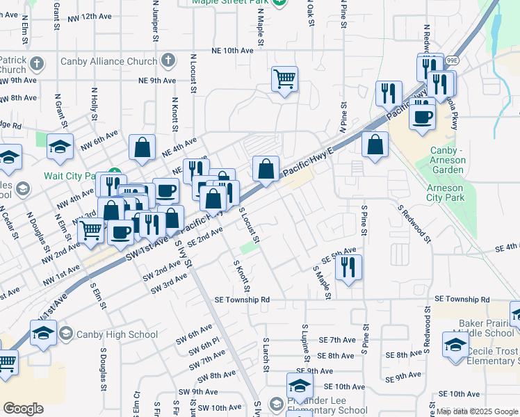 map of restaurants, bars, coffee shops, grocery stores, and more near 593 Southeast 1st Avenue in Canby