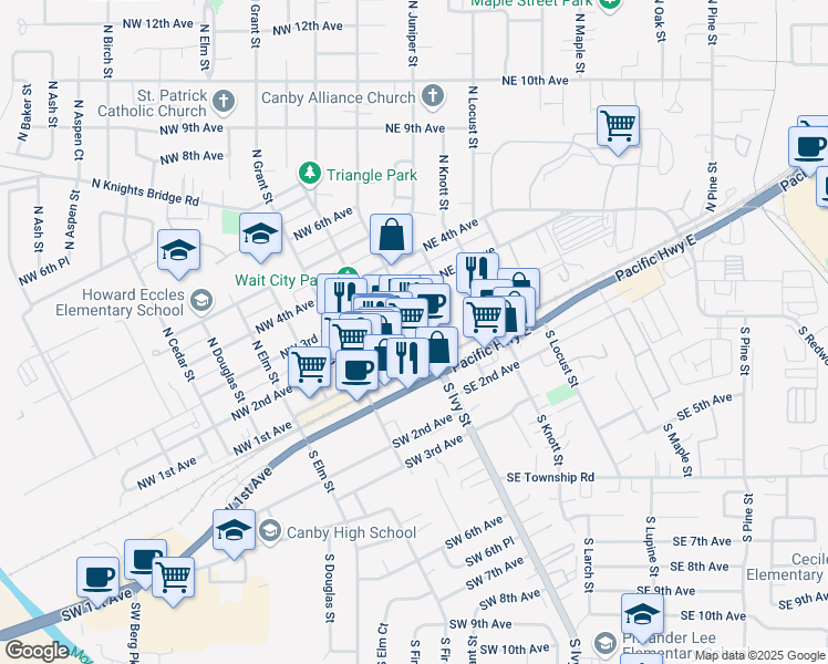 map of restaurants, bars, coffee shops, grocery stores, and more near in Canby