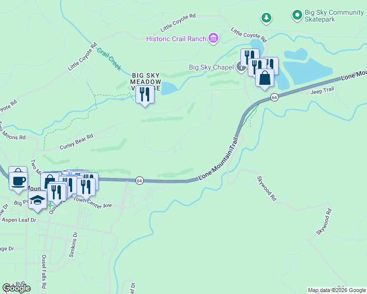 map of restaurants, bars, coffee shops, grocery stores, and more near 108 Yellowtail Road in Big Sky