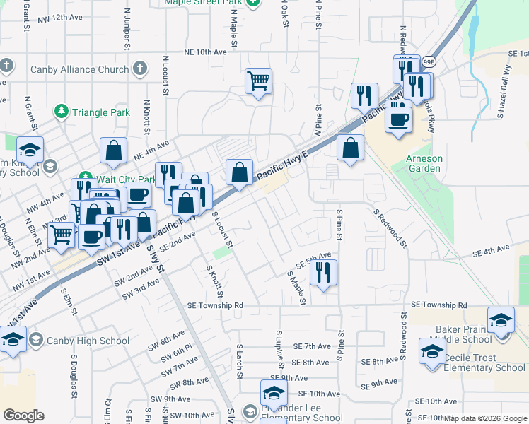 map of restaurants, bars, coffee shops, grocery stores, and more near 620 Southeast 2nd Avenue in Canby