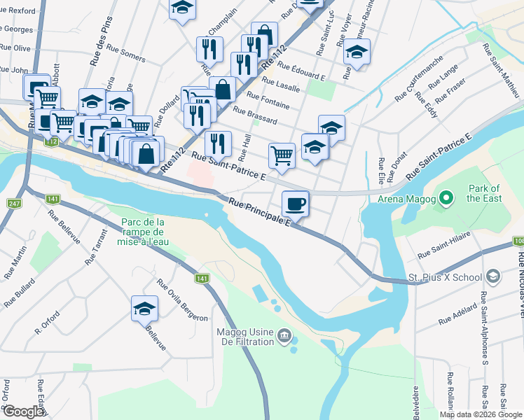 map of restaurants, bars, coffee shops, grocery stores, and more near 193 Rue Principale Est in Magog