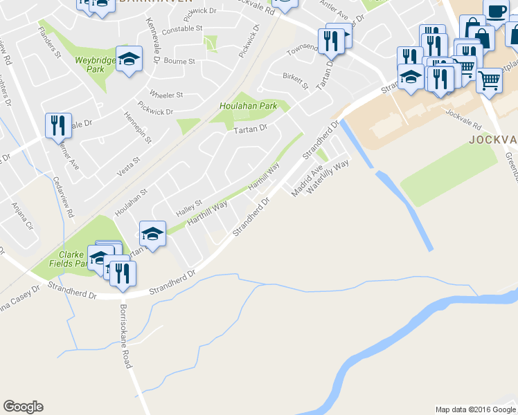 map of restaurants, bars, coffee shops, grocery stores, and more near 130 Fraser Fields Way in Ottawa