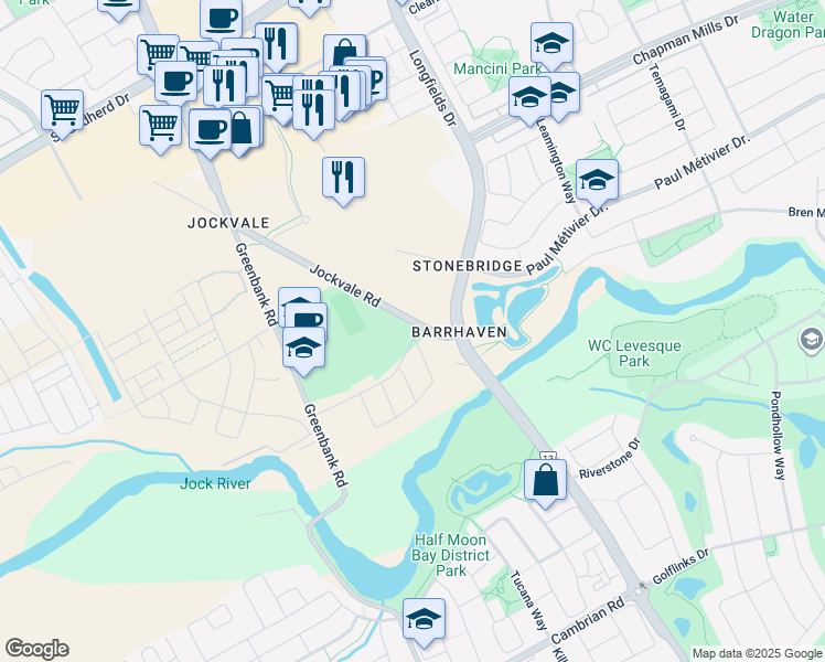 map of restaurants, bars, coffee shops, grocery stores, and more near 3666 Jockvale Road in Ottawa