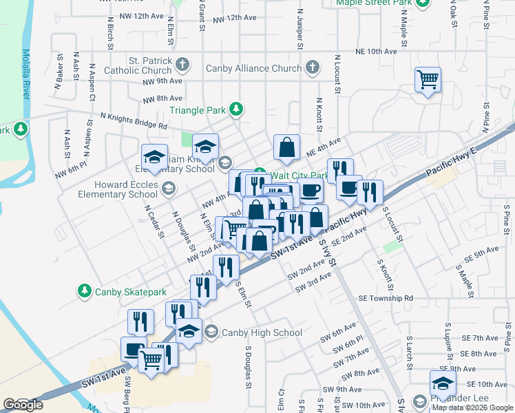 map of restaurants, bars, coffee shops, grocery stores, and more near 227 Northwest 3rd Avenue in Canby