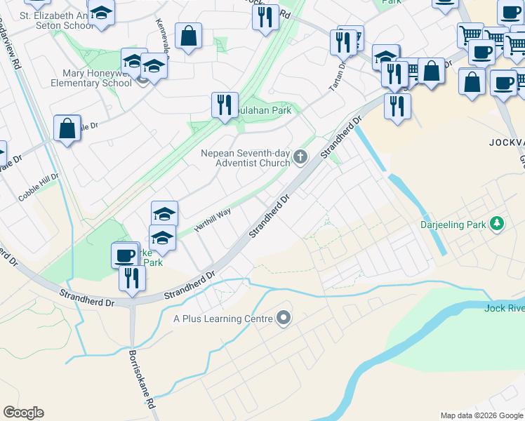 map of restaurants, bars, coffee shops, grocery stores, and more near 102 Fraser Fields Way in Ottawa