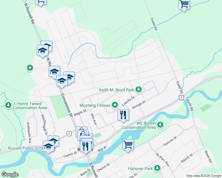 map of restaurants, bars, coffee shops, grocery stores, and more near 191 Dunlop Crescent in Russell