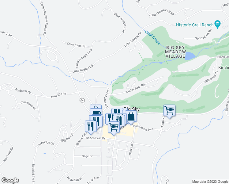map of restaurants, bars, coffee shops, grocery stores, and more near 2990 Two Moons Road in Big Sky