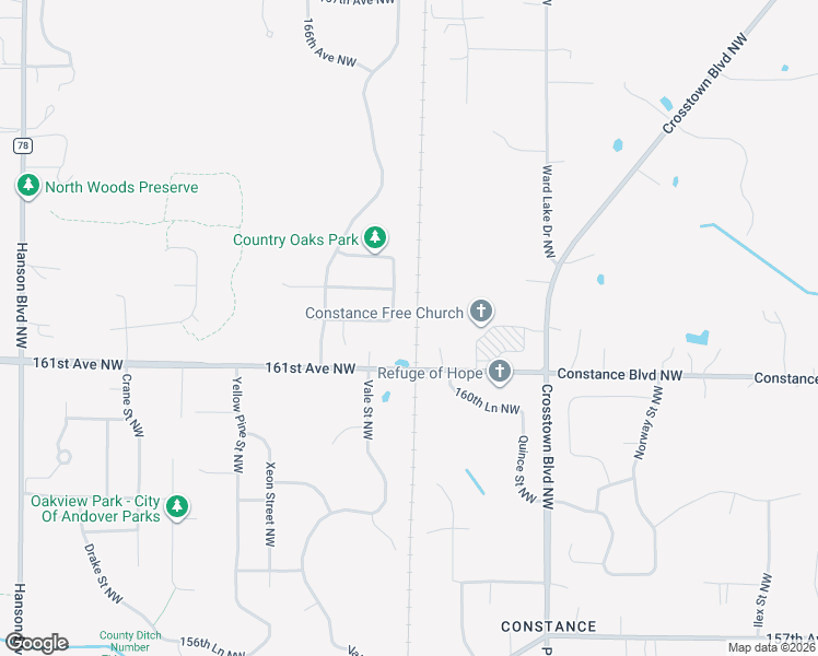 map of restaurants, bars, coffee shops, grocery stores, and more near 16179 Unity Street Northwest in Andover