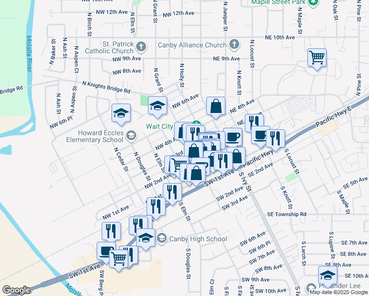 map of restaurants, bars, coffee shops, grocery stores, and more near 385 North Grant Street in Canby