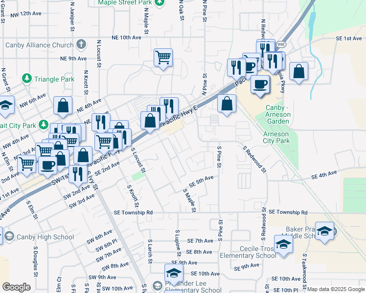 map of restaurants, bars, coffee shops, grocery stores, and more near 835 Southeast 1st Avenue in Canby