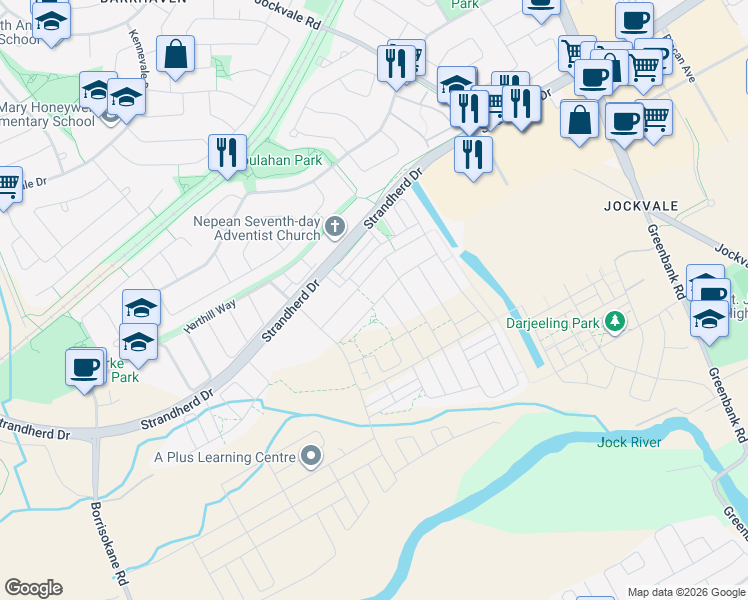 map of restaurants, bars, coffee shops, grocery stores, and more near 848 Clarity Avenue in Ottawa