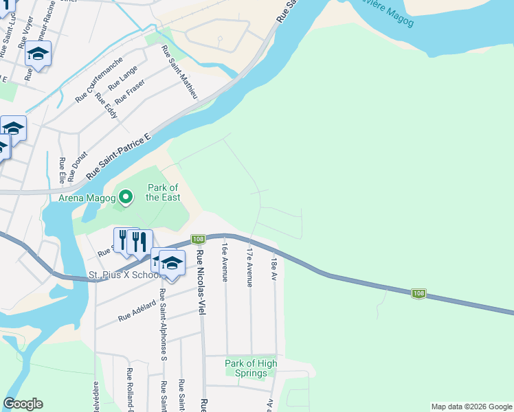map of restaurants, bars, coffee shops, grocery stores, and more near 91 Avenue de l'Ail-des-Bois in Magog