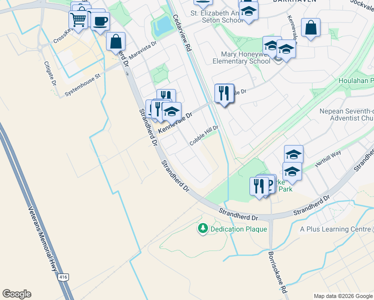 map of restaurants, bars, coffee shops, grocery stores, and more near 381 Moffatt Pond Court in Ottawa