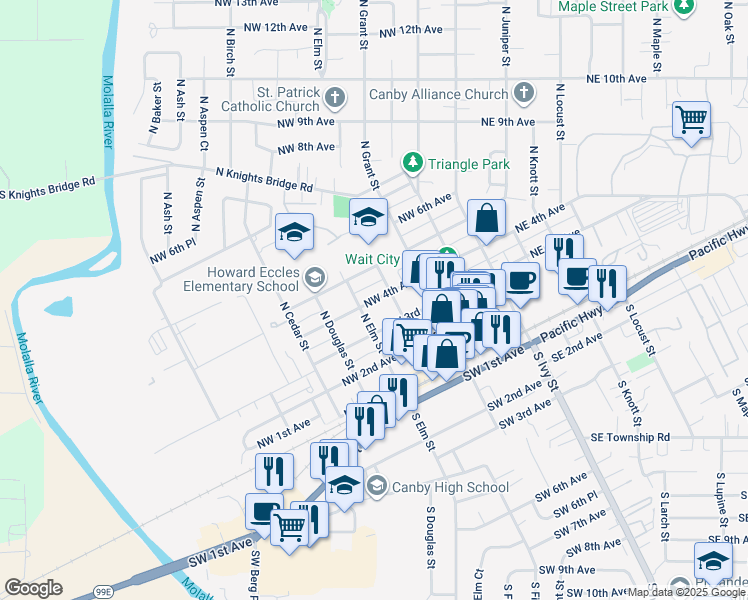 map of restaurants, bars, coffee shops, grocery stores, and more near 408 Northwest 4th Avenue in Canby