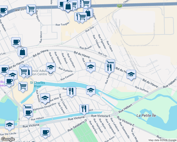 map of restaurants, bars, coffee shops, grocery stores, and more near 284 Rue Dufferin in Salaberry-de-Valleyfield