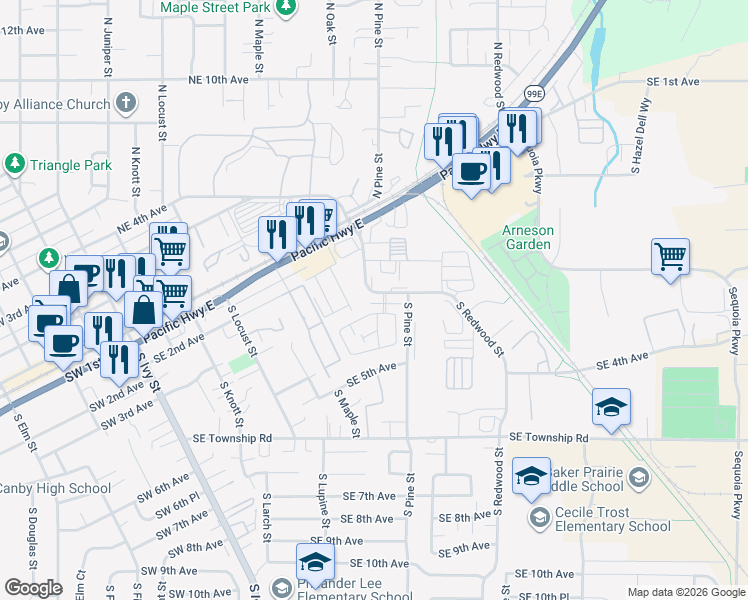 map of restaurants, bars, coffee shops, grocery stores, and more near 254 South Pine Street in Canby
