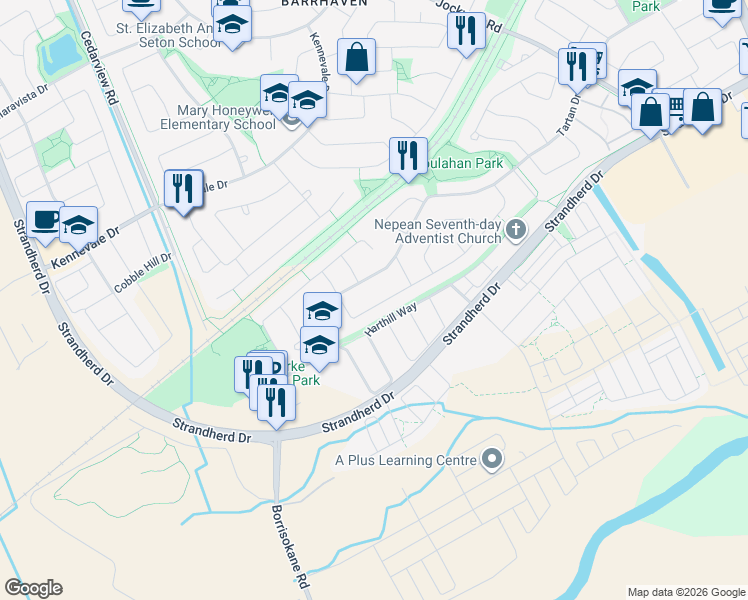 map of restaurants, bars, coffee shops, grocery stores, and more near 88 Halley Street in Ottawa