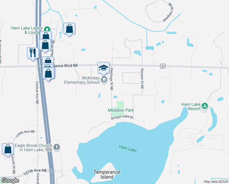 map of restaurants, bars, coffee shops, grocery stores, and more near 1842 162nd Avenue Northeast in Ham Lake