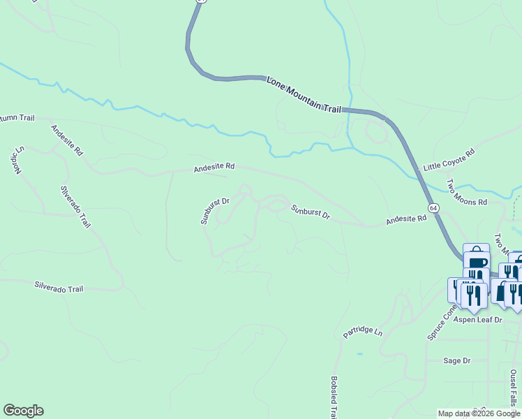 map of restaurants, bars, coffee shops, grocery stores, and more near 912 Sunburst Drive in Big Sky