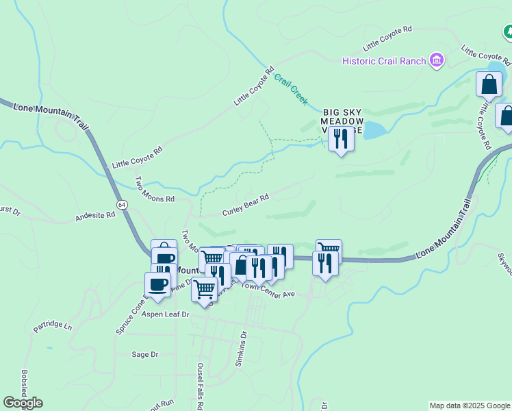 map of restaurants, bars, coffee shops, grocery stores, and more near 2550 Curley Bear Road in Big Sky