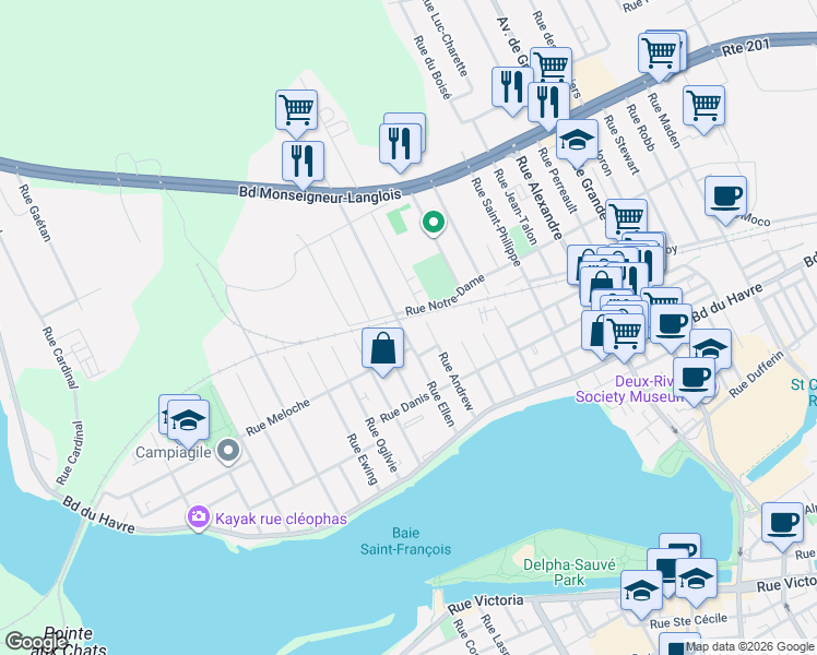 map of restaurants, bars, coffee shops, grocery stores, and more near 86a Rue Ellen in Salaberry-de-Valleyfield