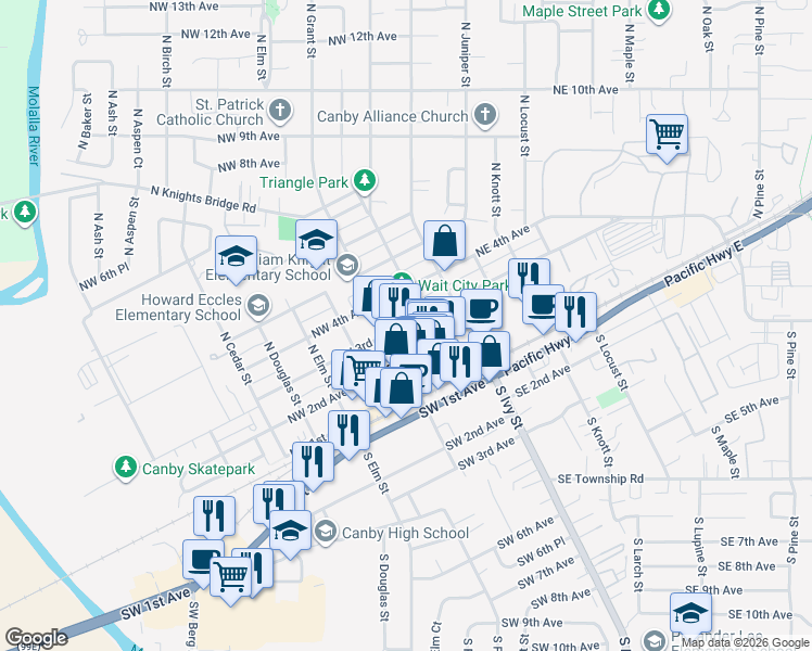 map of restaurants, bars, coffee shops, grocery stores, and more near 227 Northwest 3rd Avenue in Canby