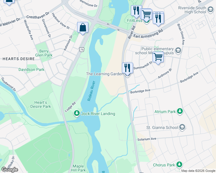 map of restaurants, bars, coffee shops, grocery stores, and more near 720 River Road in Ottawa