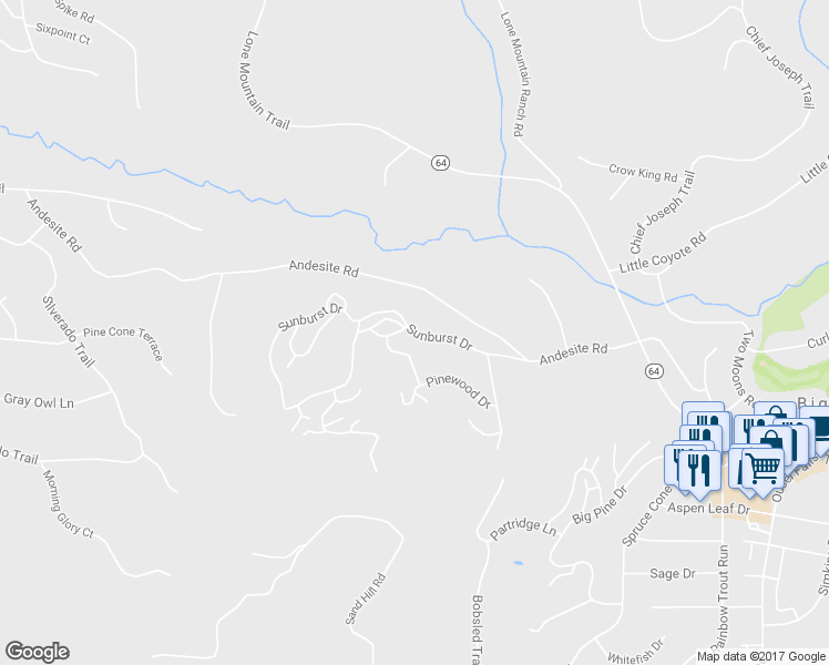 map of restaurants, bars, coffee shops, grocery stores, and more near Sunburst Drive in Gallatin Gateway