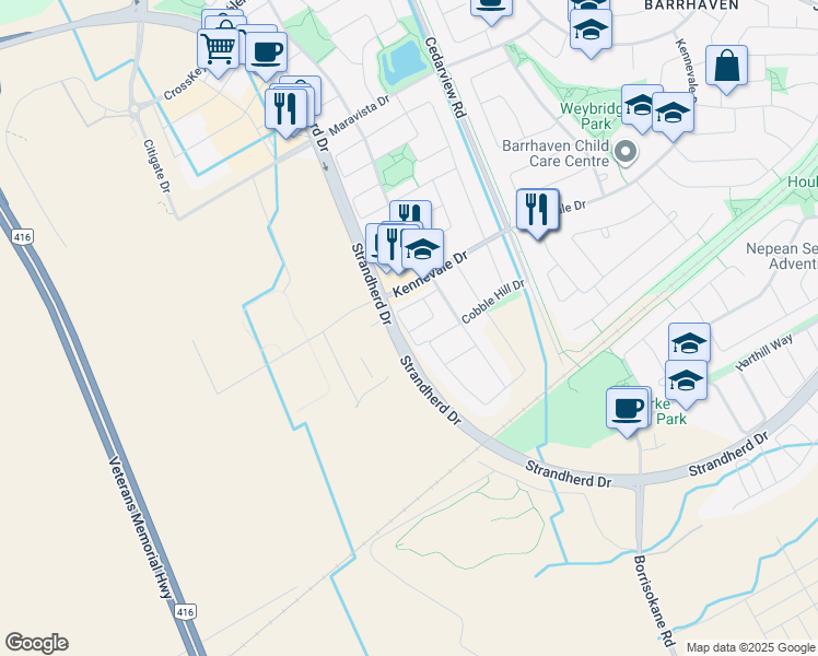 map of restaurants, bars, coffee shops, grocery stores, and more near 586 Simran Private in Ottawa