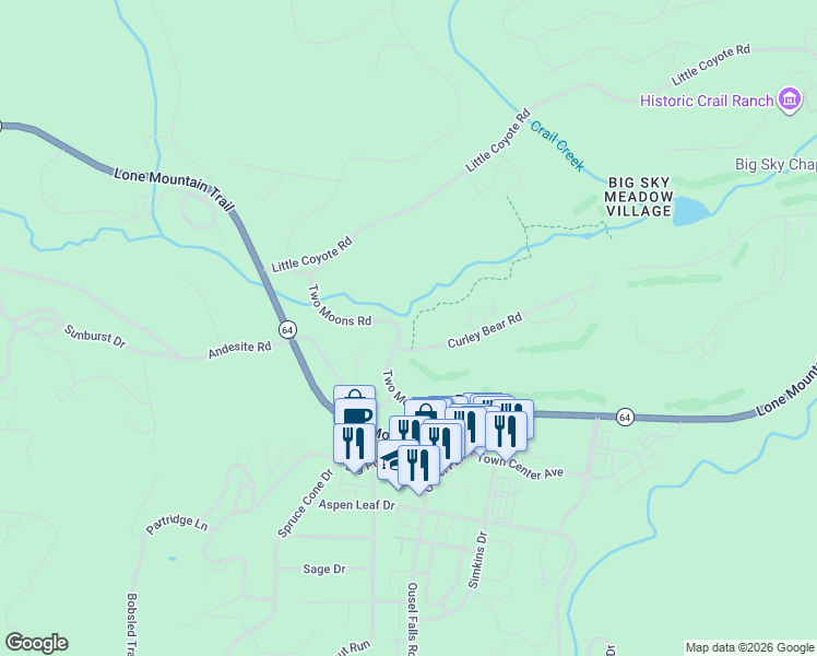 map of restaurants, bars, coffee shops, grocery stores, and more near 2990 Two Moons Road in Big Sky