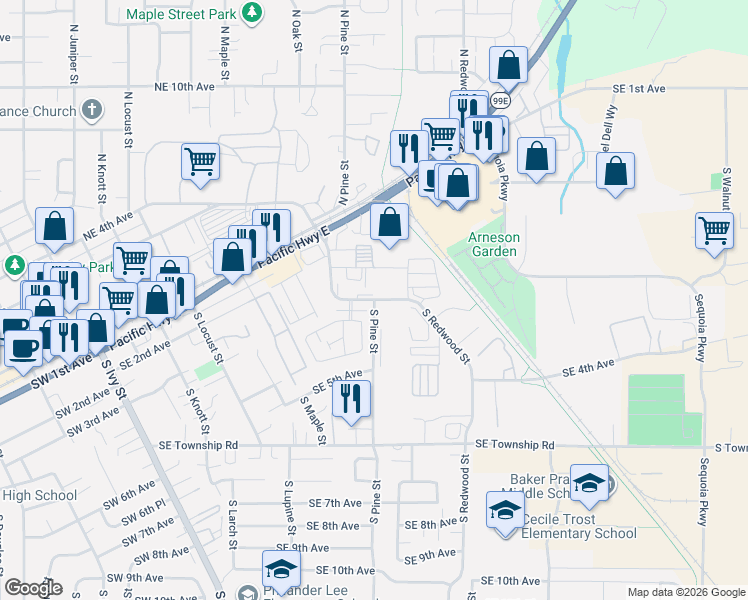 map of restaurants, bars, coffee shops, grocery stores, and more near 1110 SE 3rd Ave in Canby
