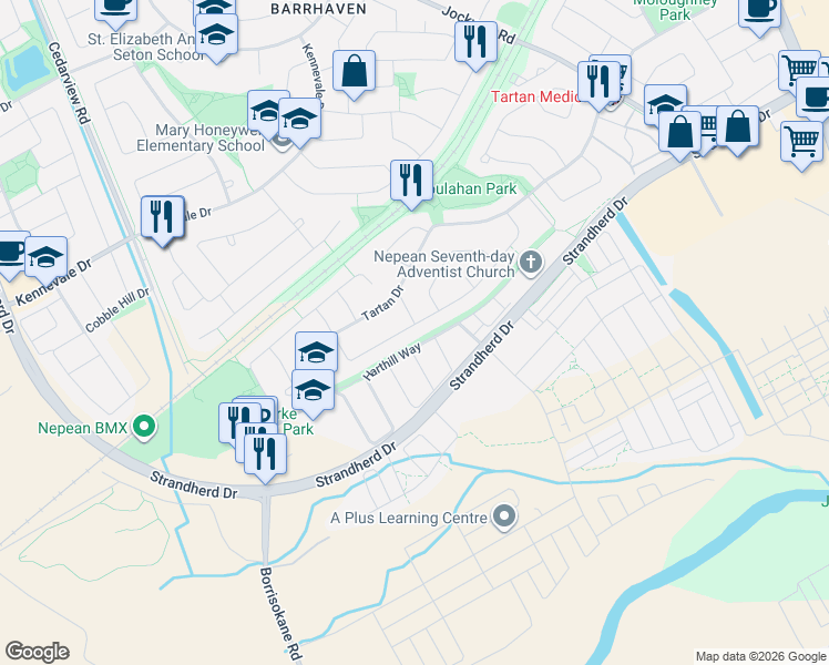 map of restaurants, bars, coffee shops, grocery stores, and more near 85 Halley Street in Ottawa