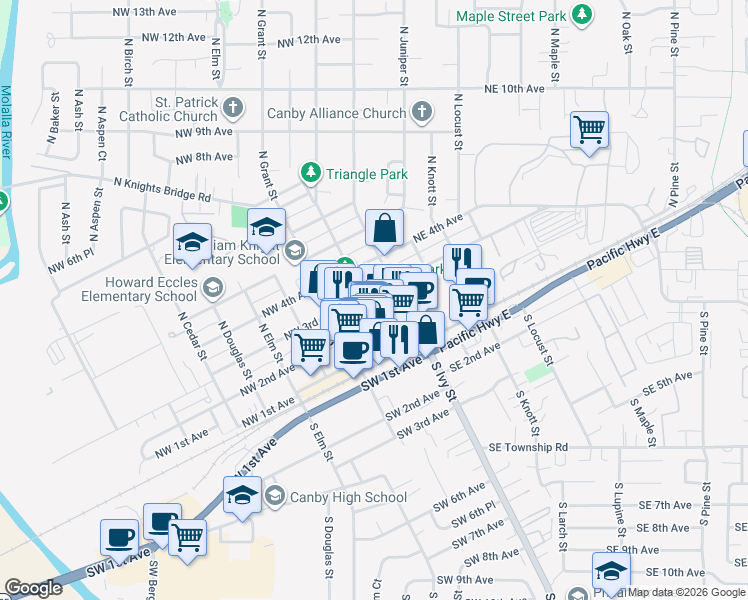 map of restaurants, bars, coffee shops, grocery stores, and more near 173 Northwest 3rd Avenue in Canby