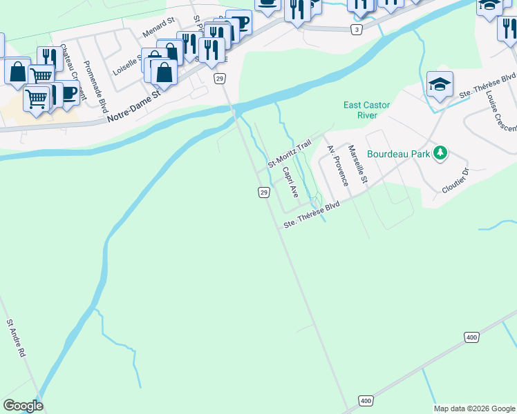 map of restaurants, bars, coffee shops, grocery stores, and more near 1328 Ste Marie Street in Embrun